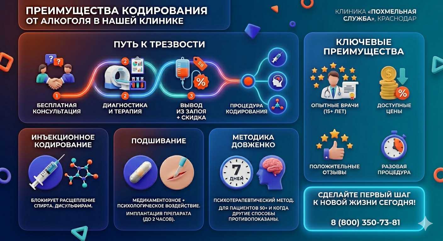 Инфографика о методах кодирования от алкоголя в Болотном: инъекции, подшивание, метод Довженко. Преимущества клиники и этапы лечения.